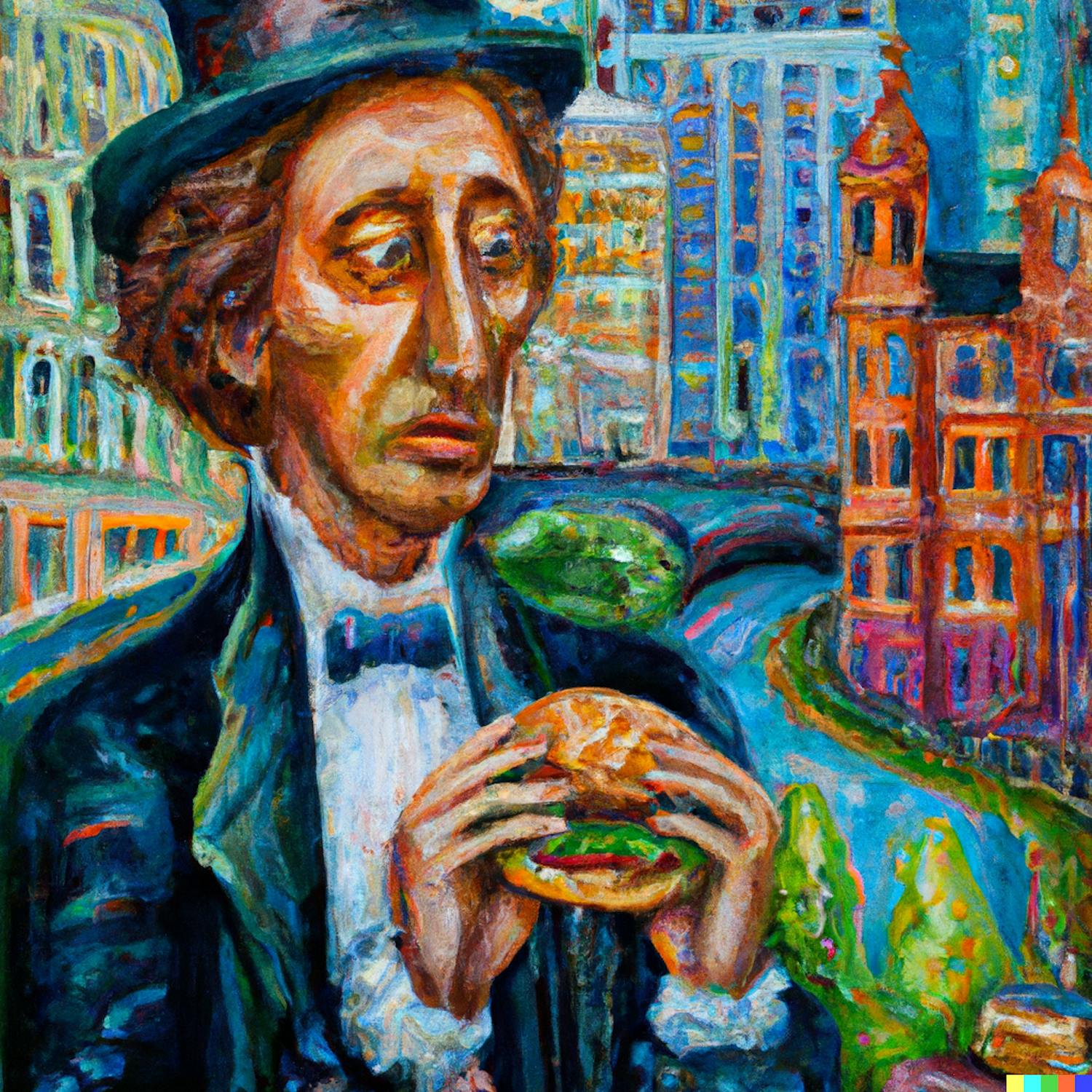 dall e 2022 10 07 13 22 46 oilpainting of hans christian andersen eating a hamburger in vibrant modern city tekoäly luo öljymaalauksen tyylisen kuvan, jossa Hans Christian Andersen syö hampurilaista modernissa suurkaupungissa